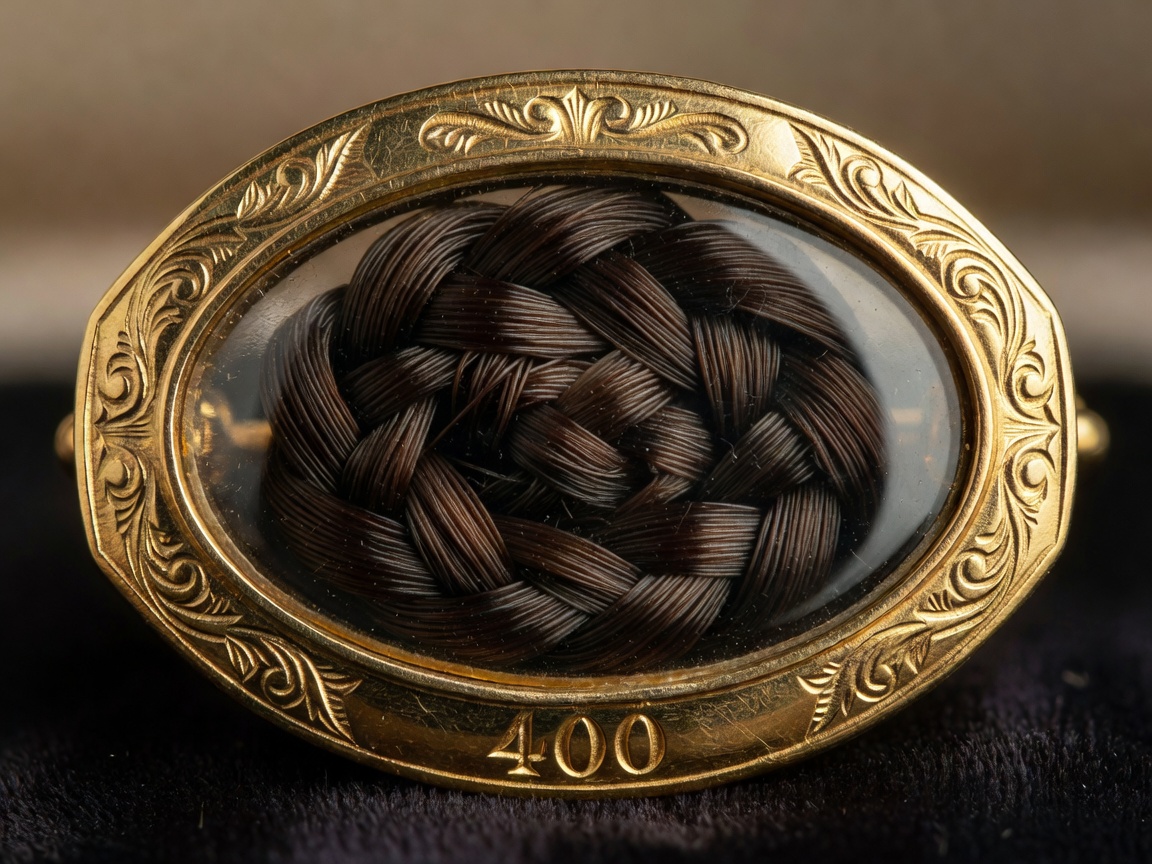 A close up of a gold mourning brooch featuring a meticulously braided lock of dark hair behind glass