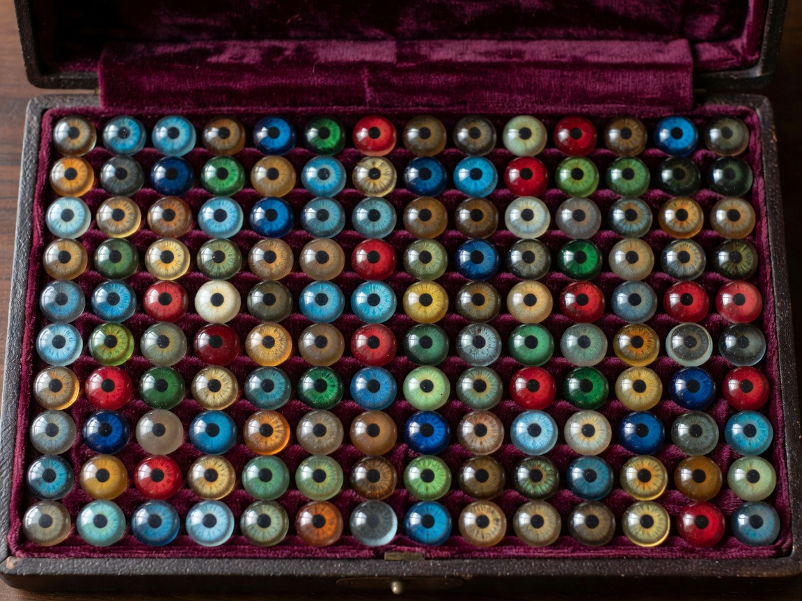 A velvet lined case holding dozens of multi-colored antique glass prosthetic eyes