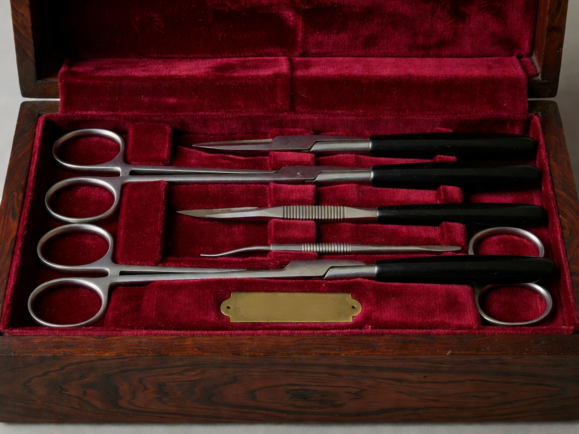 A velvet-lined mahogany box containing steel surgical instruments with ebony handles
