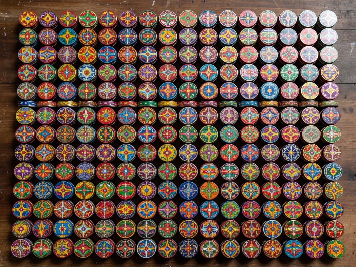 An array of colorful, intricately lithographed circular tin boxes used for typewriter ribbons