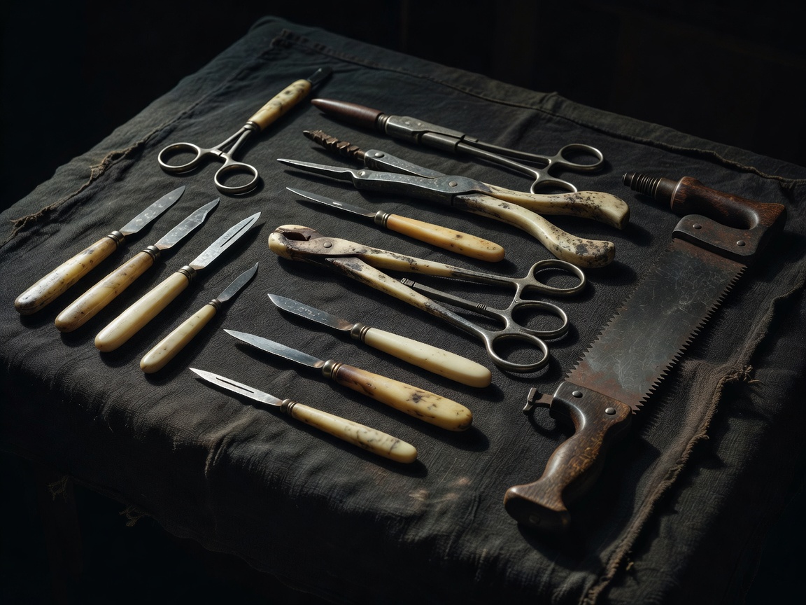 Antique surgical tools arranged on a dark cloth