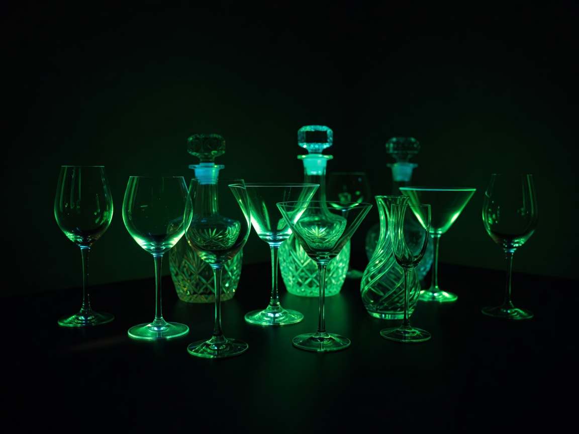 Fluorescent green glassware illuminated by an ultraviolet blacklight in a dark room