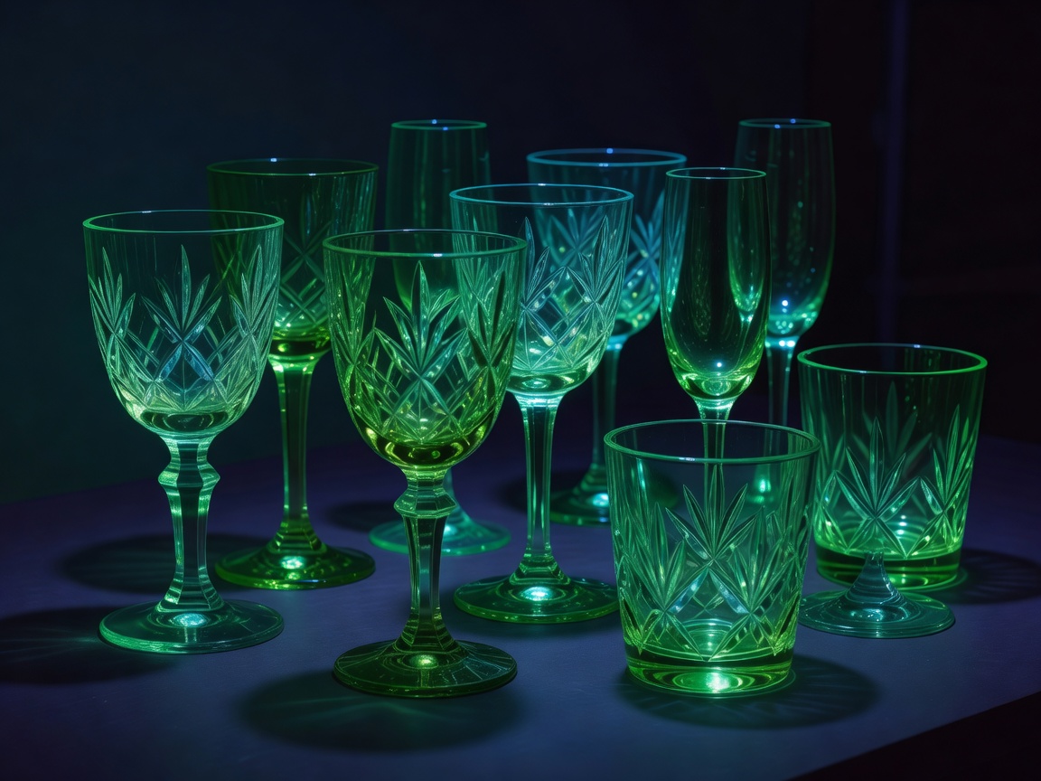 Green glassware glowing under ultraviolet light